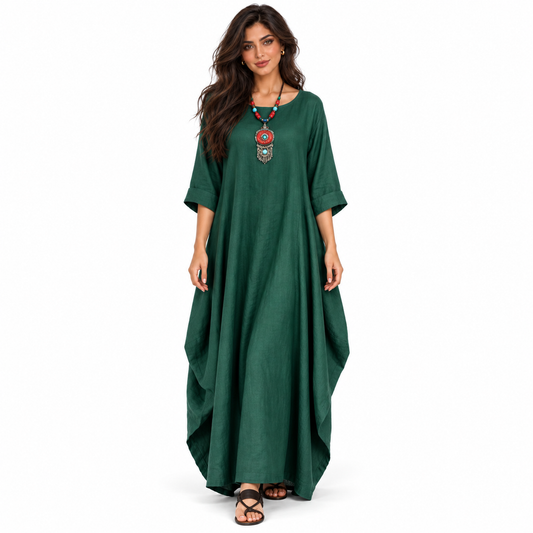 Elegant Forest Green Cotton Linen Kaftan