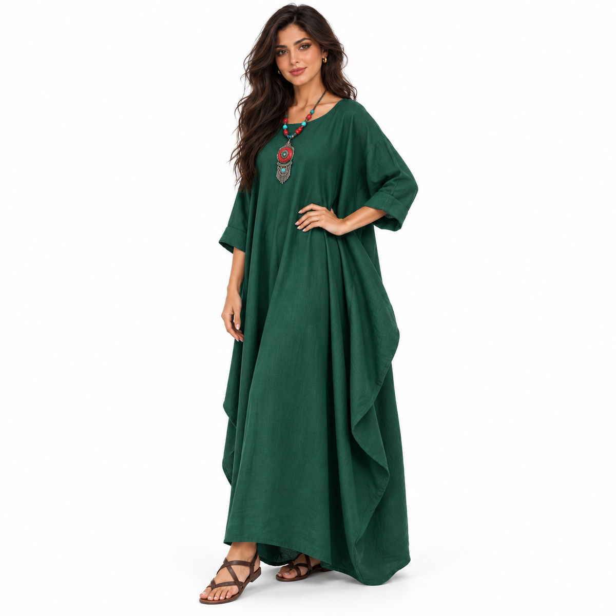 Elegant Forest Green Cotton Linen Kaftan