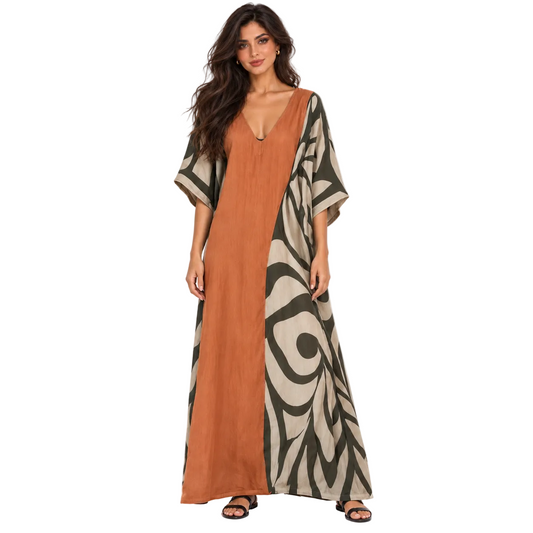 Rust Orange Abstract Print Linen Kaftan