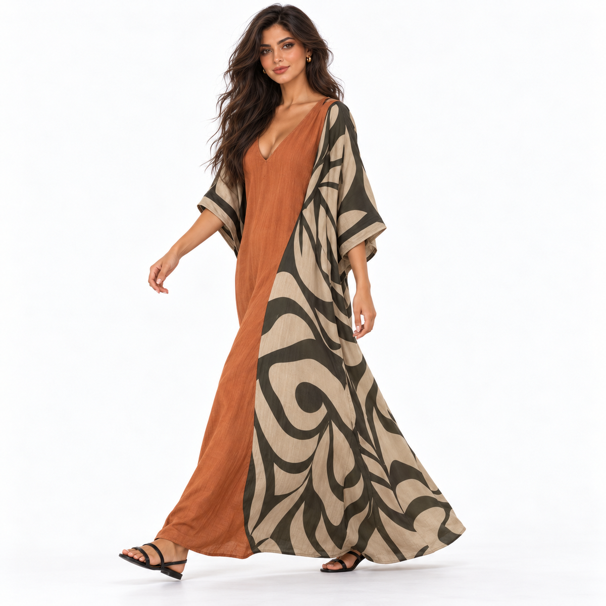 Rust Orange Abstract Print Linen Kaftan