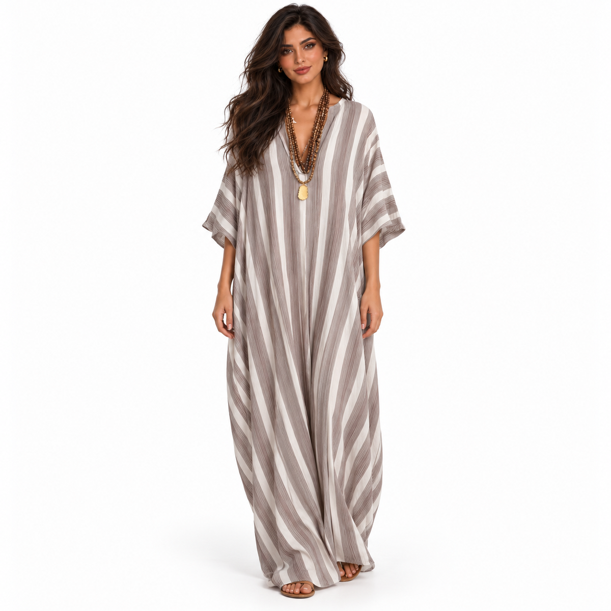 Elegant Lotus Root Striped Linen Kaftan