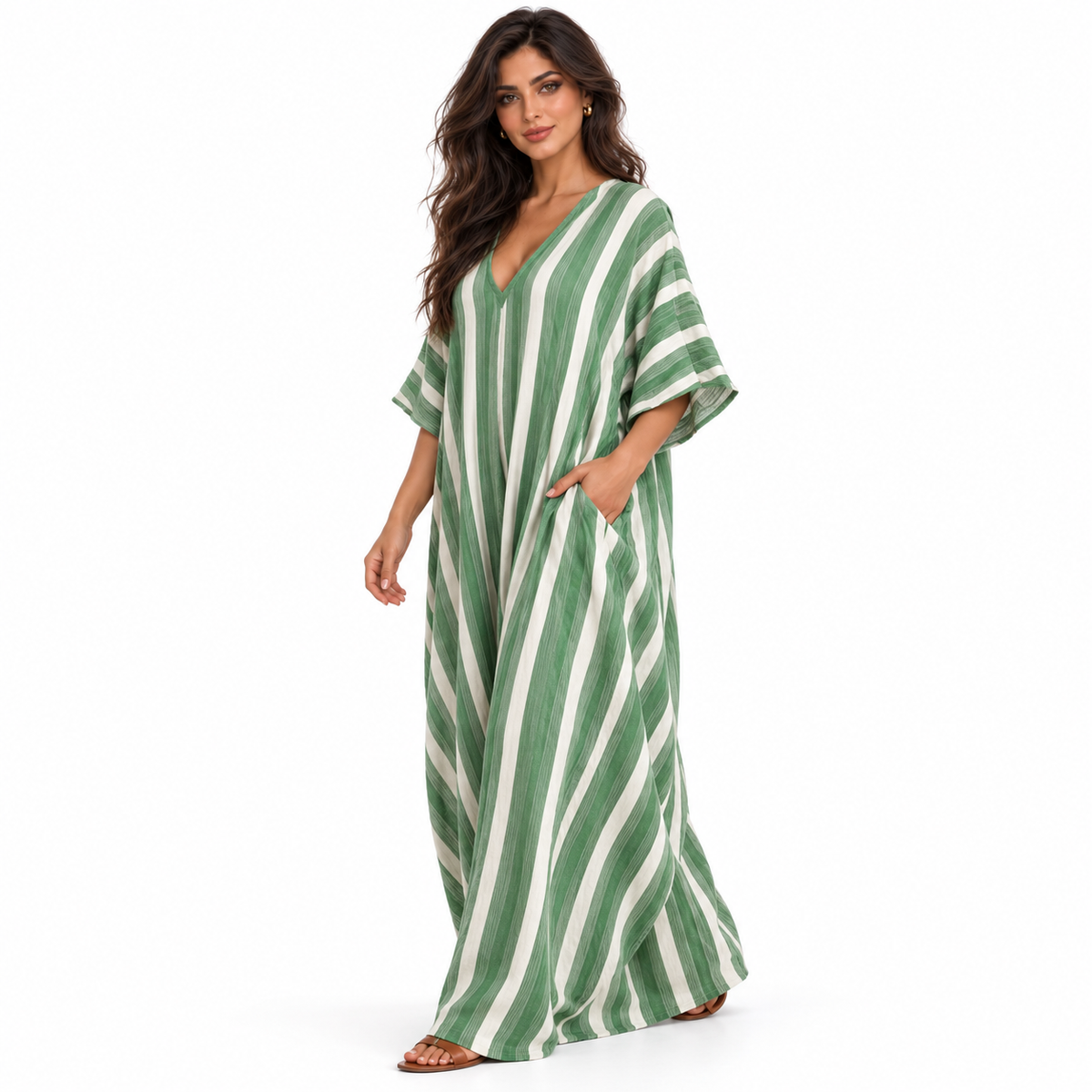 Elegant Green Striped Linen Kaftan Dress