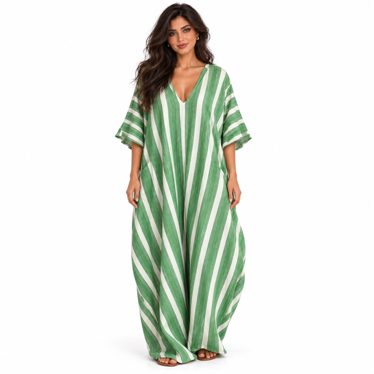 Elegant Green Striped Linen Kaftan Dress