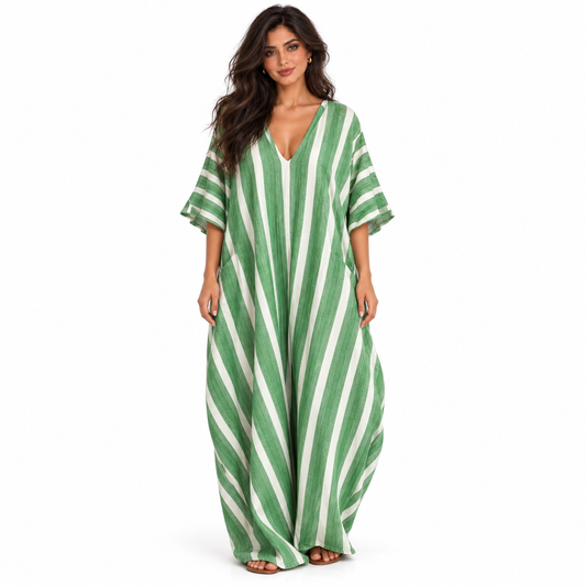 Elegant Green Striped Linen Kaftan Dress