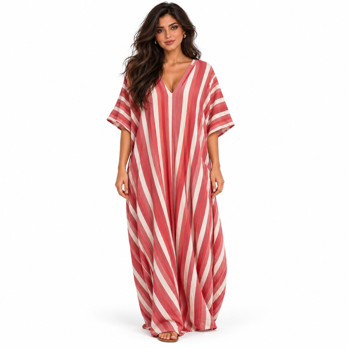 Red And White Striped Linen Kaftan