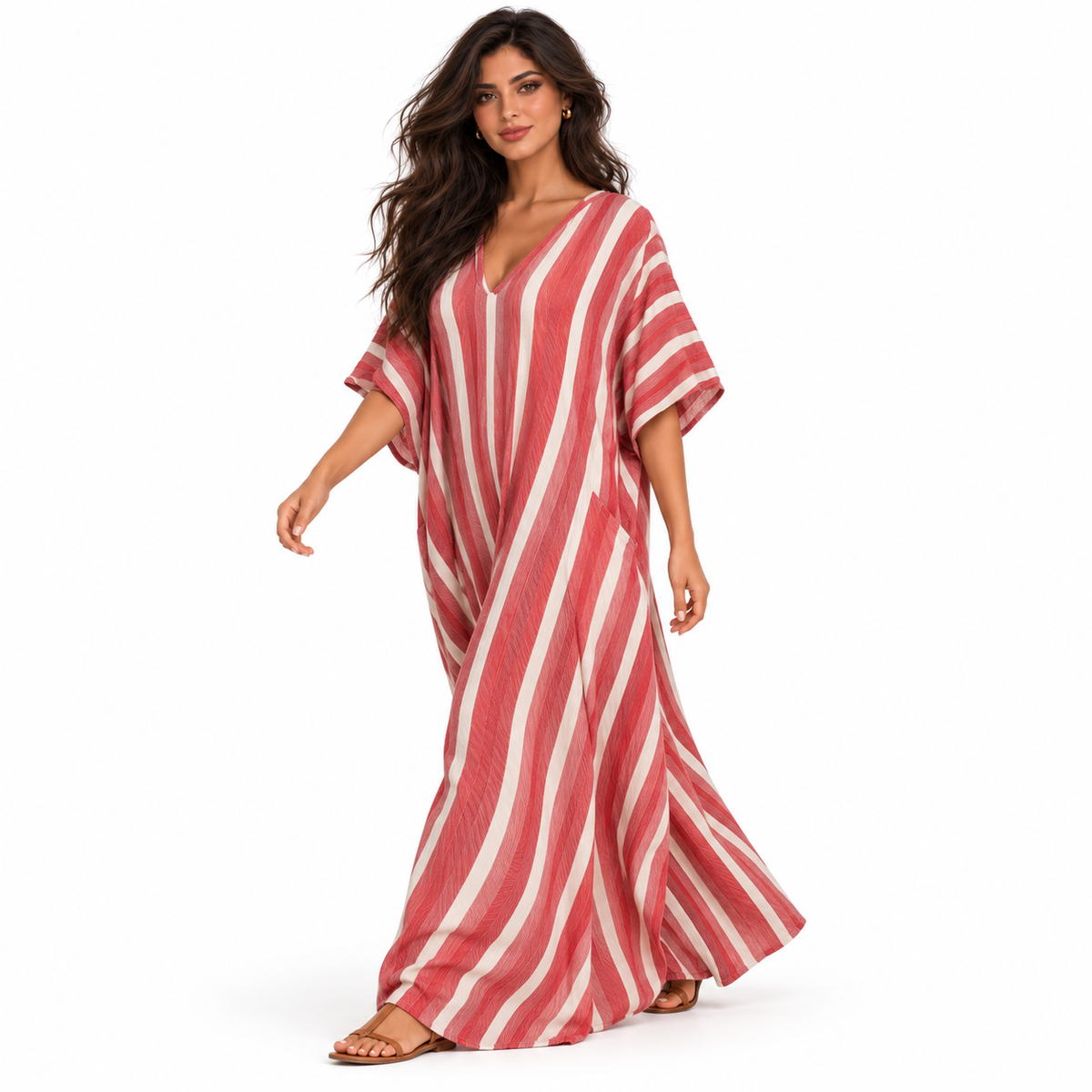 Red And White Striped Linen Kaftan