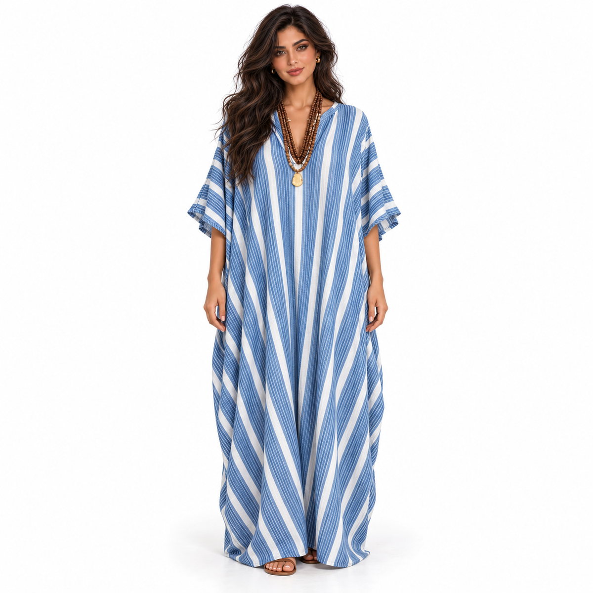 Elegant Blue Striped Linen Kaftan Dress