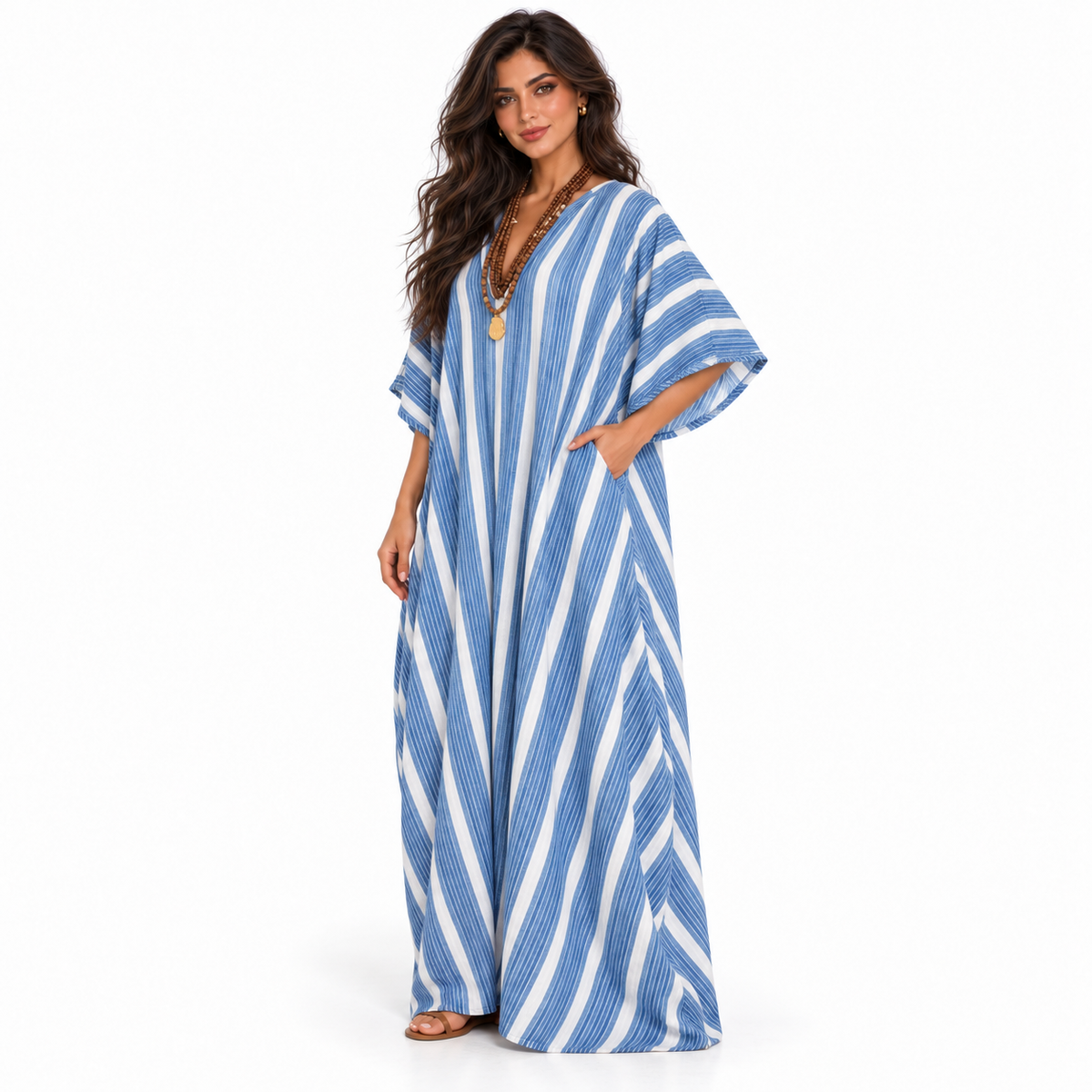Elegant Blue Striped Linen Kaftan Dress