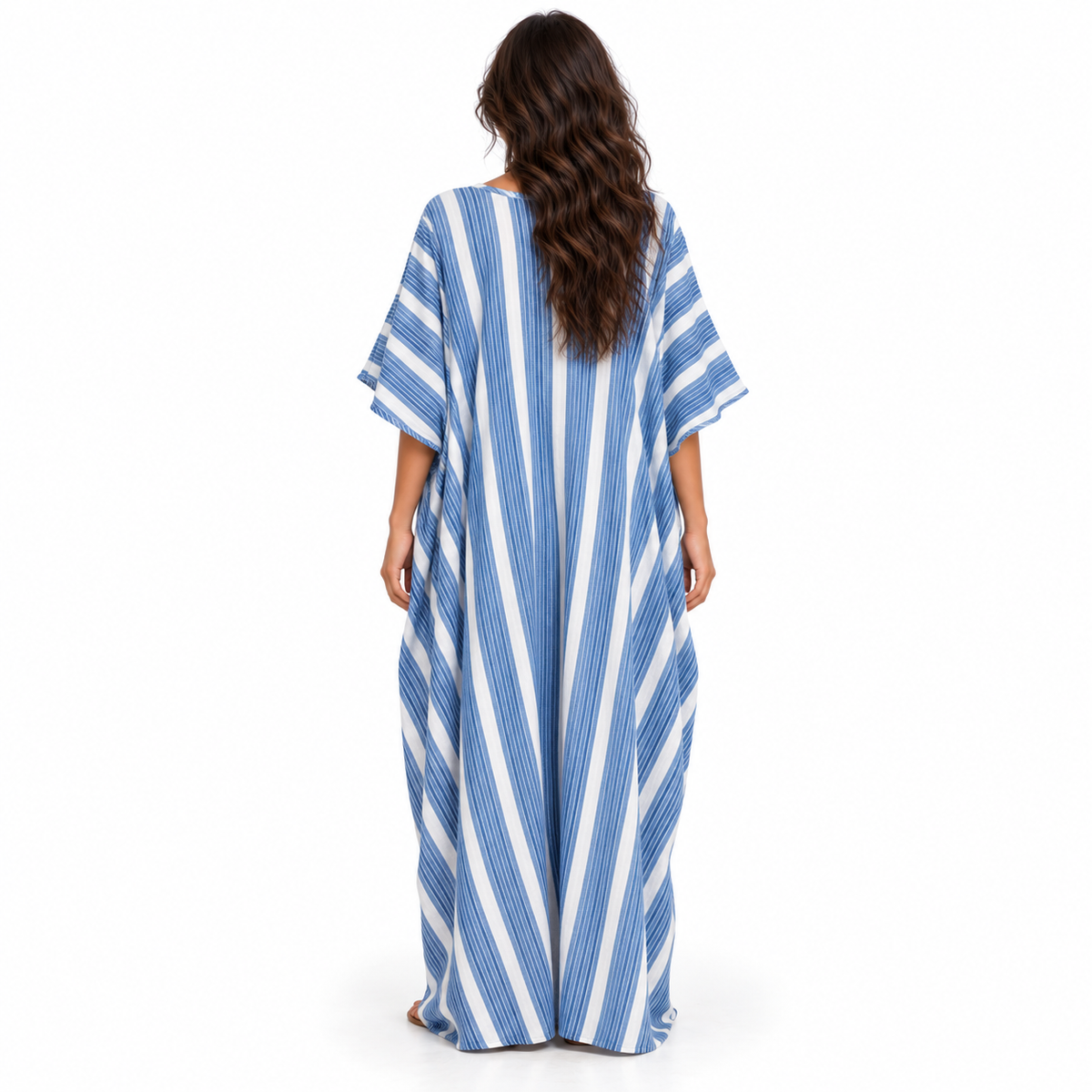Elegant Blue Striped Linen Kaftan Dress