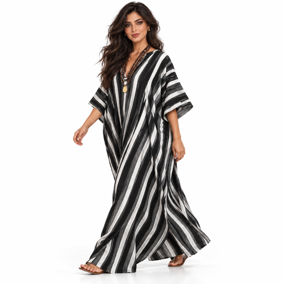 Elegant Black And White Striped Linen Kaftan