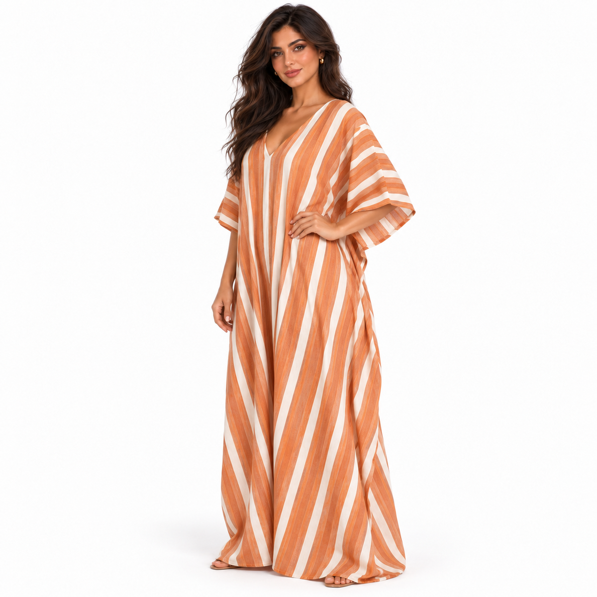 Elegant Orange Striped Linen Kaftan Dress