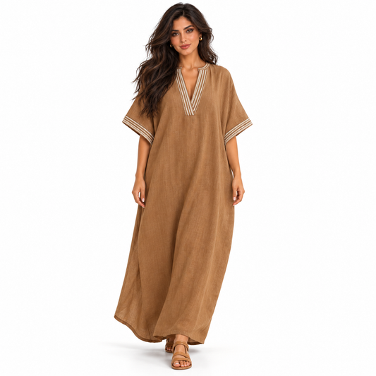 Elegant Dark Brown Linen Kaftan Dress