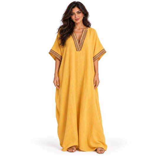 Elegant Khaki Embroidered V-Neck Linen Kaftan