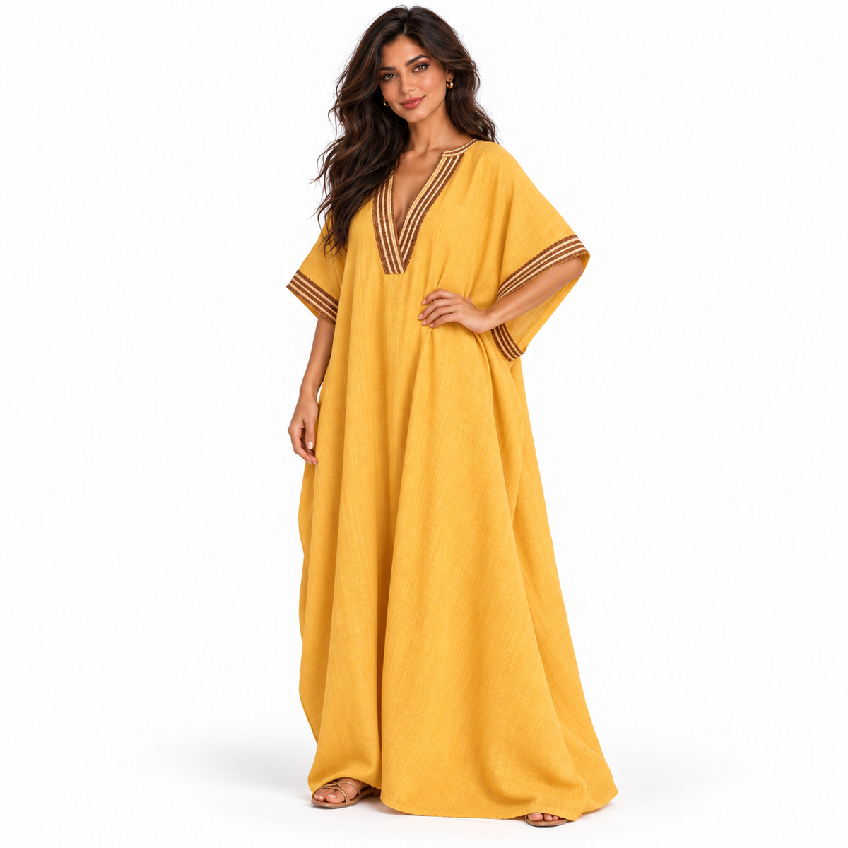 Elegant Khaki Embroidered V-Neck Linen Kaftan
