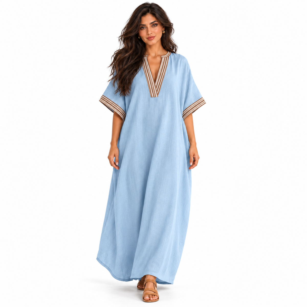 Elegant Sky Blue Linen Kaftan Dress