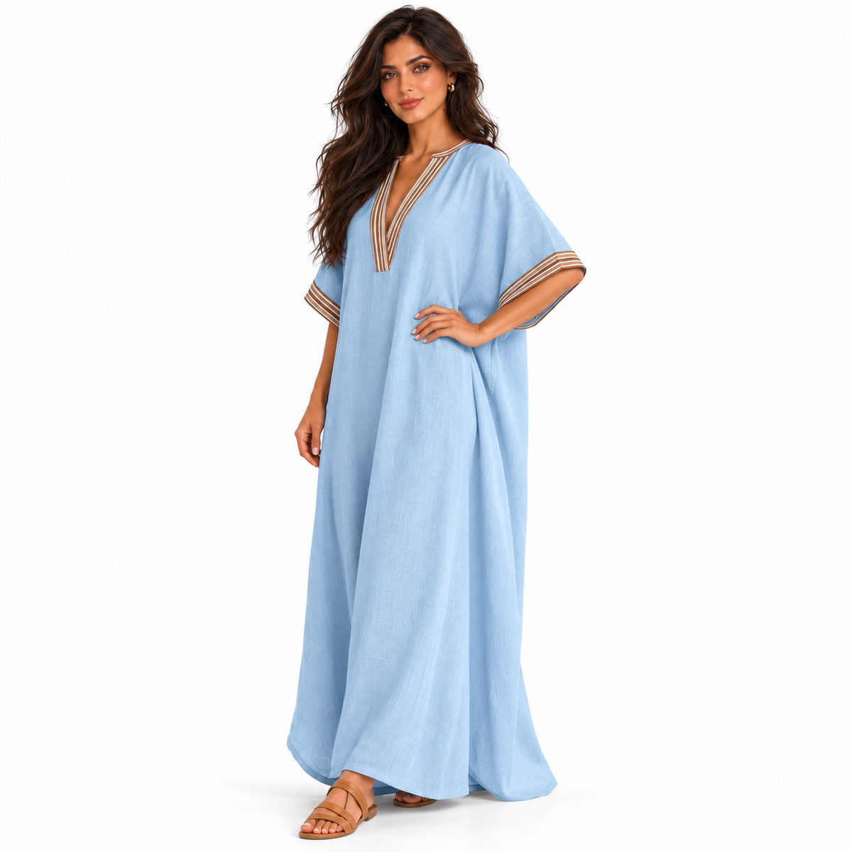 Elegant Sky Blue Linen Kaftan Dress