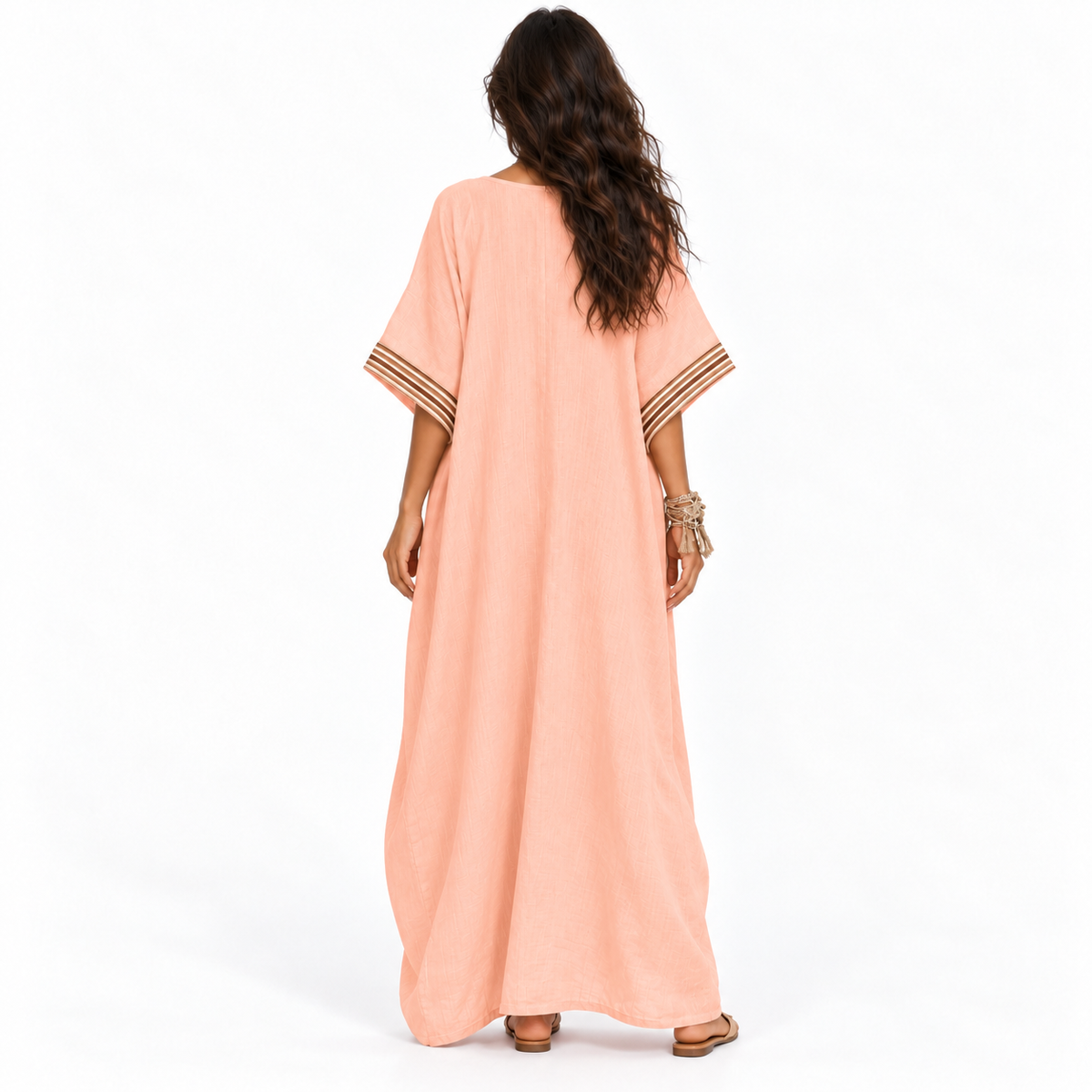 Elegant Peach Blossom V-Neck Linen Kaftan