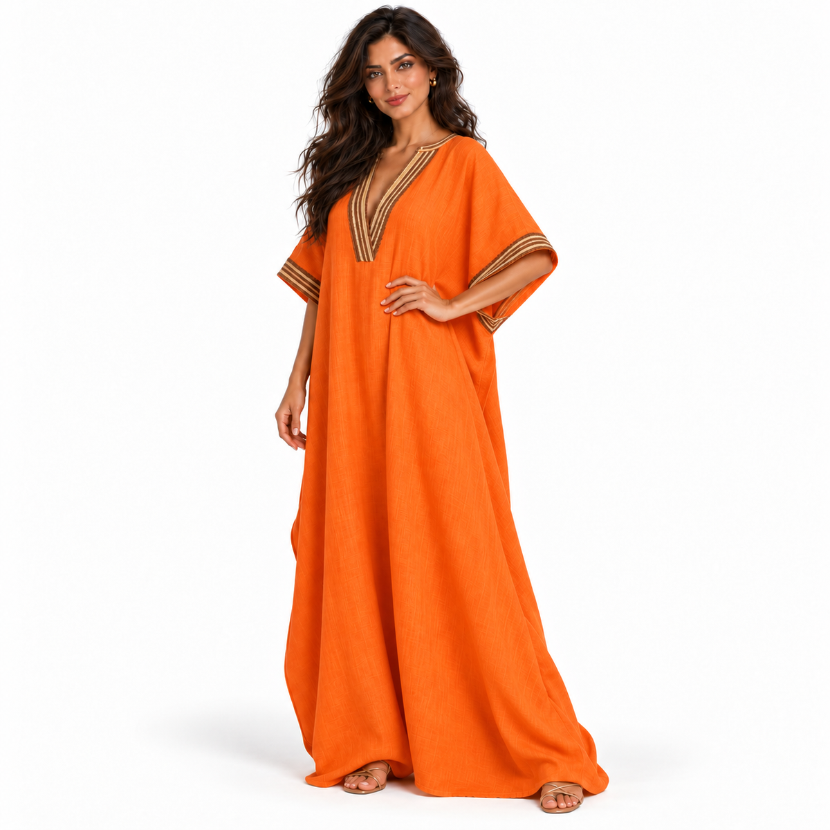 Orange Linen Kaftan With Elegant Embroidery