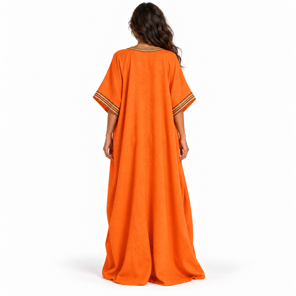 Orange Linen Kaftan With Elegant Embroidery