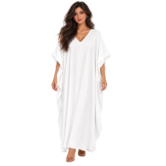 Elegant White Linen Kaftan Maxi Dress