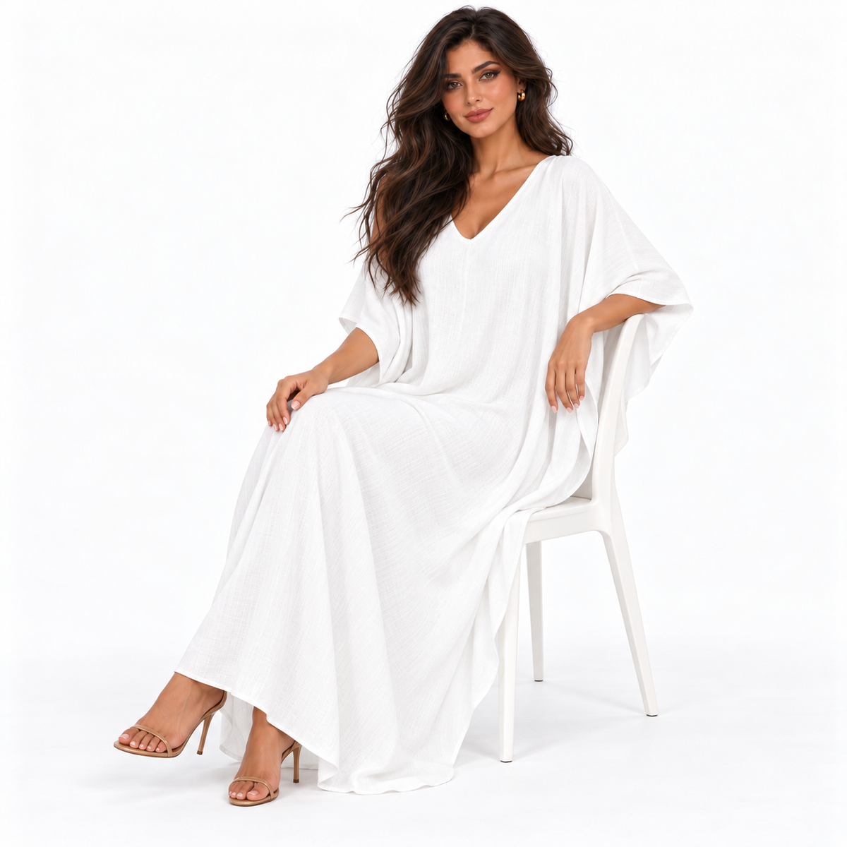 Elegant White Linen Kaftan Maxi Dress
