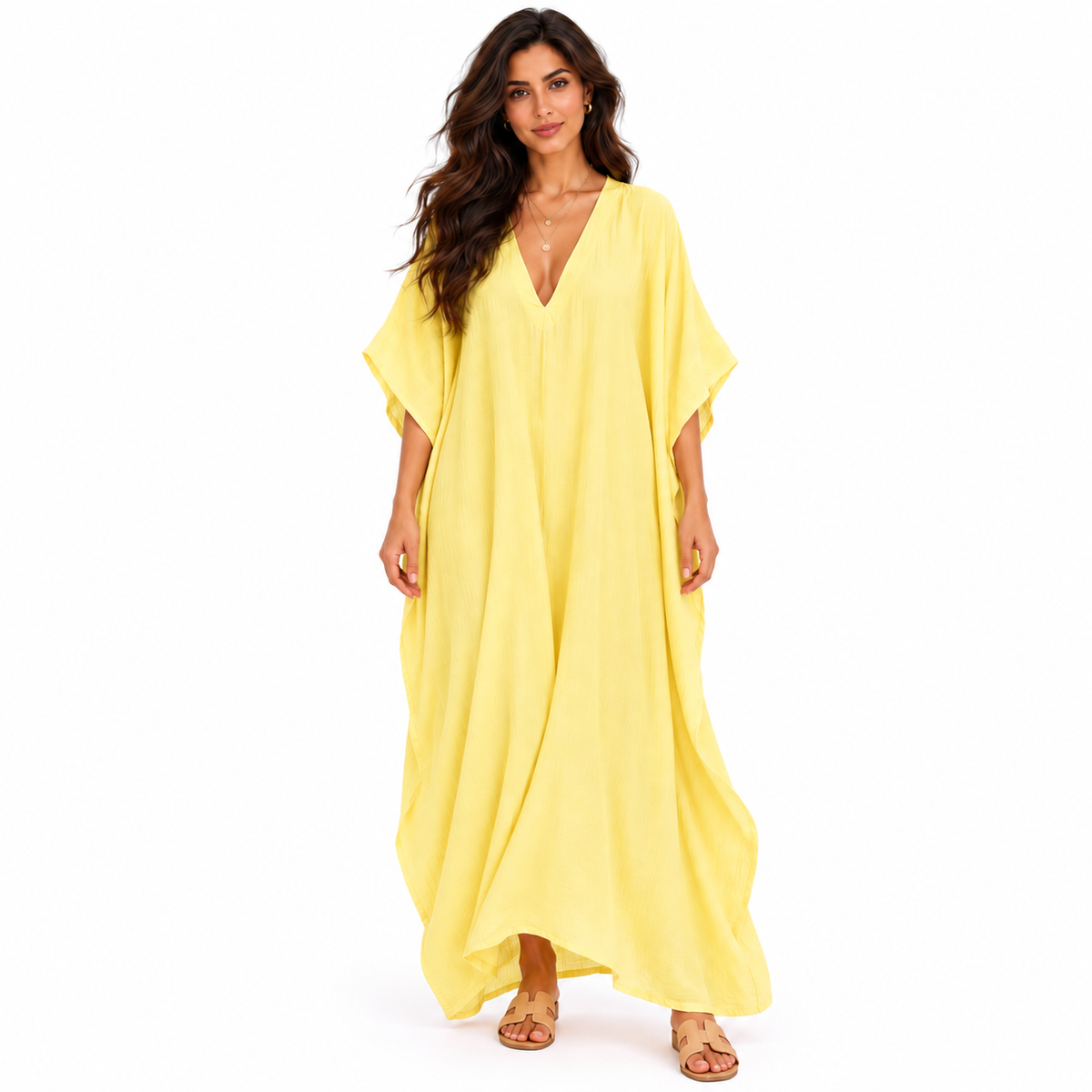 Elegant Yellow Linen V-Neck Maxi Kaftan