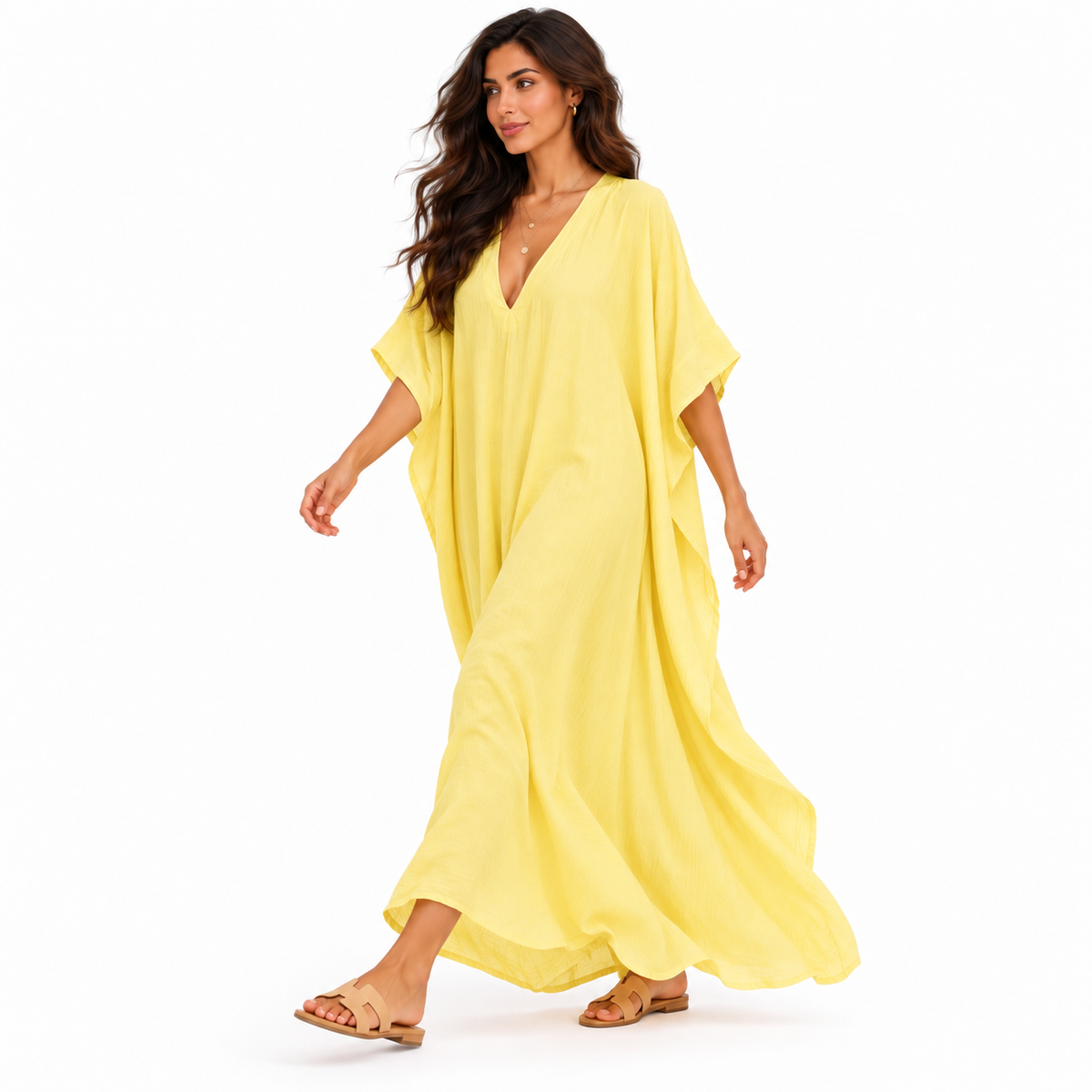 Elegant Yellow Linen V-Neck Maxi Kaftan