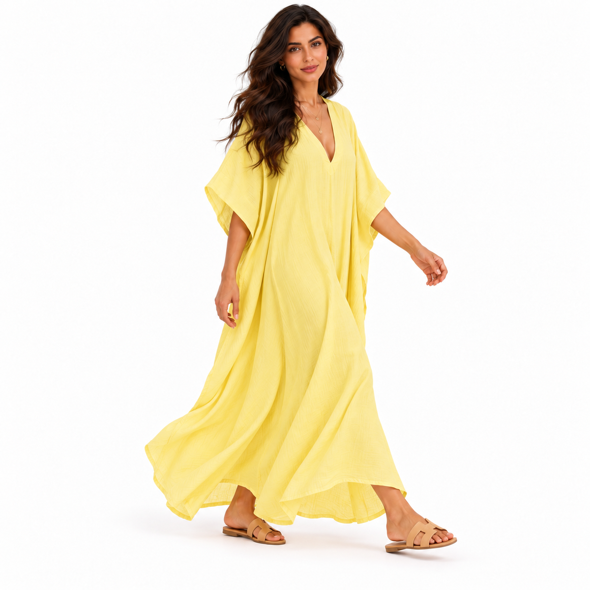 Elegant Yellow Linen V-Neck Maxi Kaftan