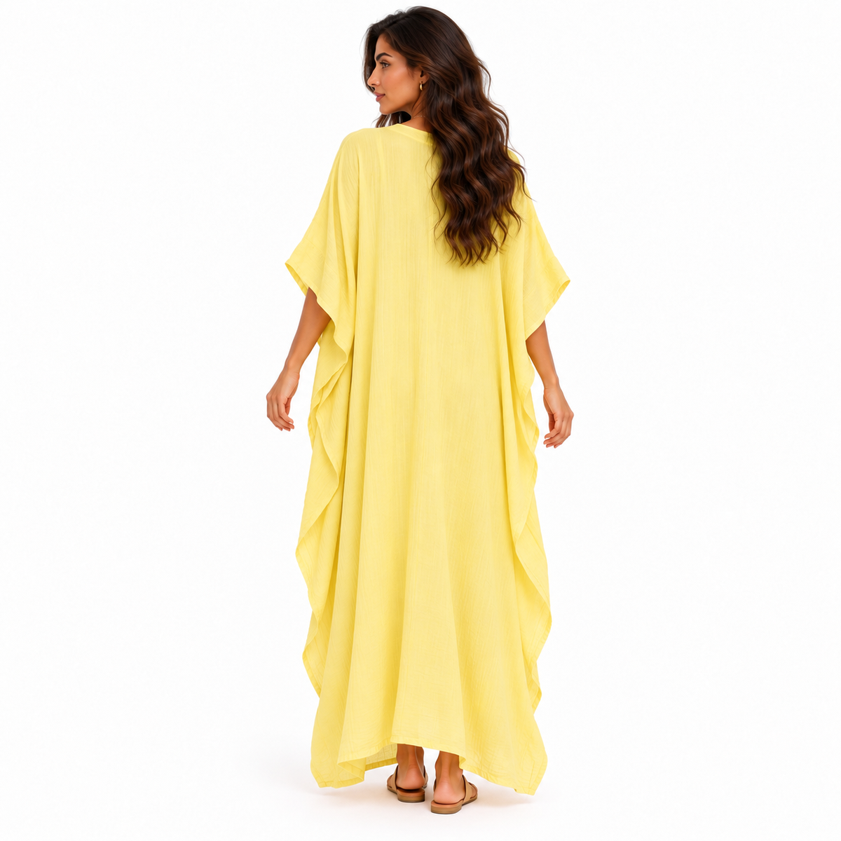 Elegant Yellow Linen V-Neck Maxi Kaftan
