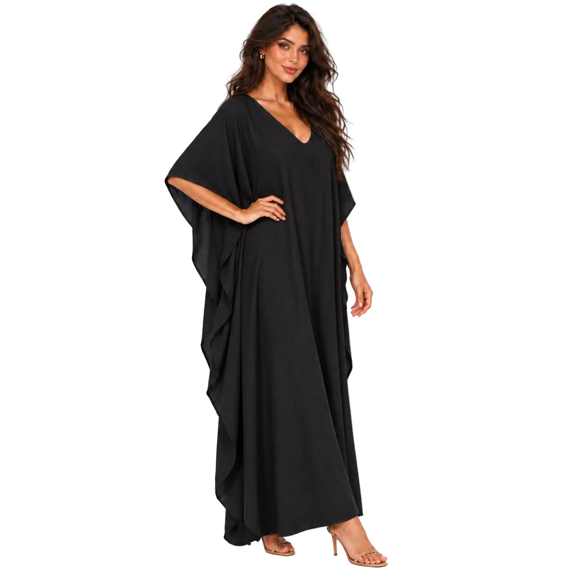 Elegant Black Linen Kaftan Maxi Dress