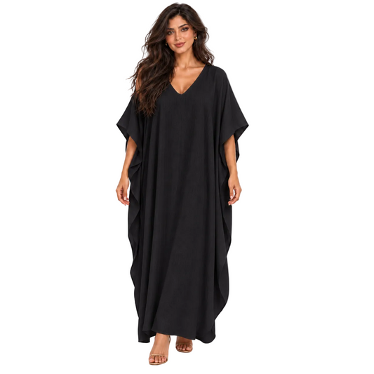 Elegant Black Linen Kaftan Maxi Dress