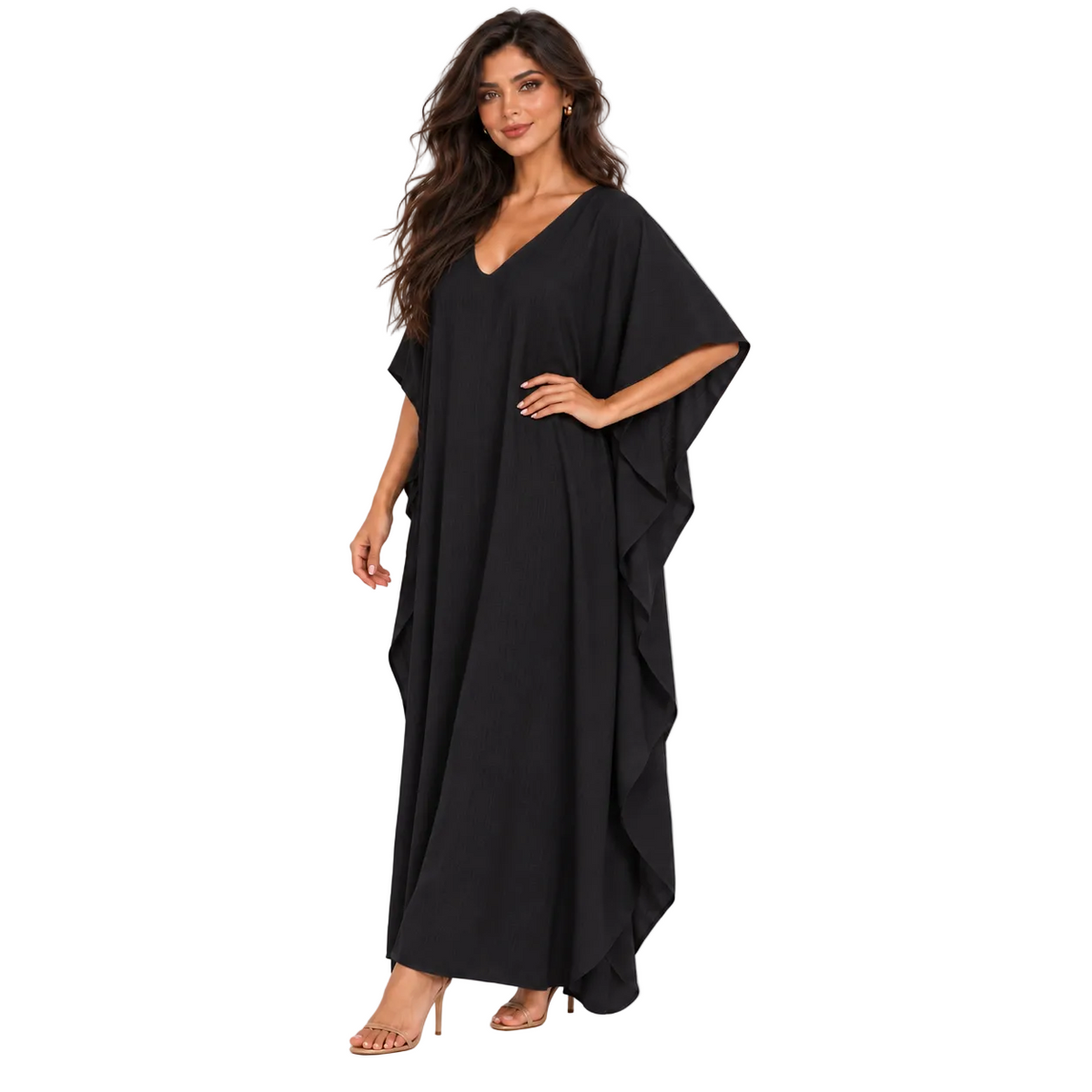Elegant Black Linen Kaftan Maxi Dress