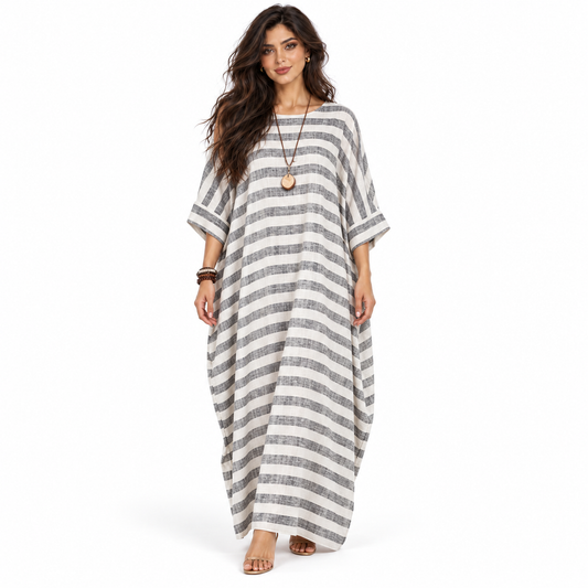 Elegant Striped Linen Kaftan Maxi Dress