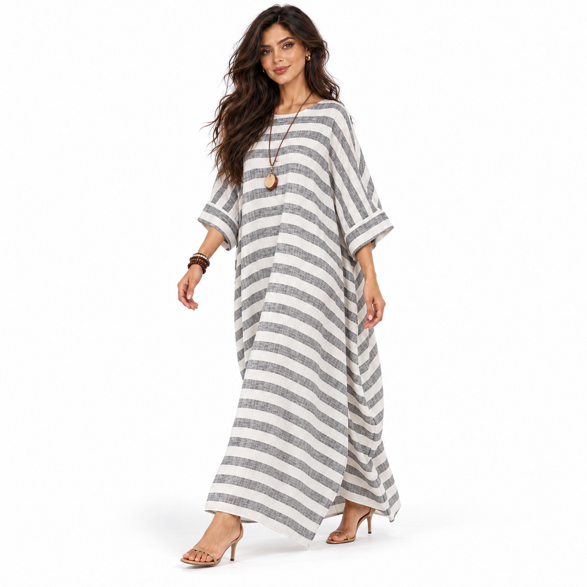 Elegant Striped Linen Kaftan Maxi Dress