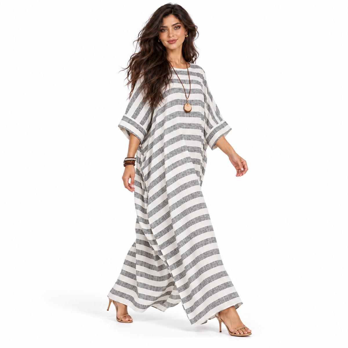 Elegant Striped Linen Kaftan Maxi Dress