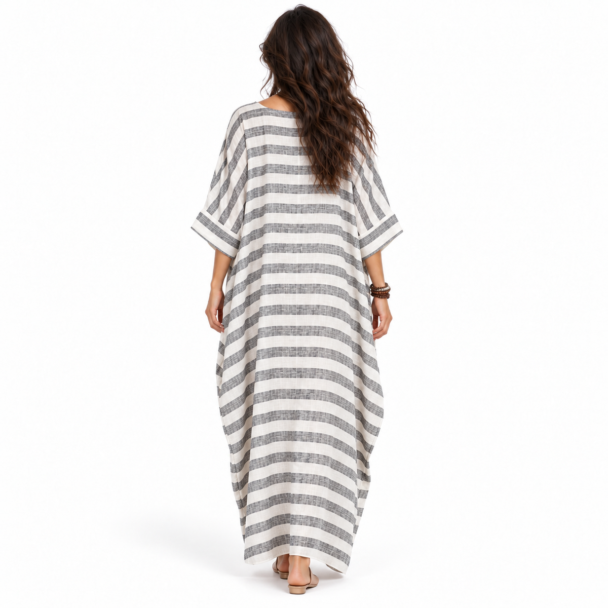 Elegant Striped Linen Kaftan Maxi Dress