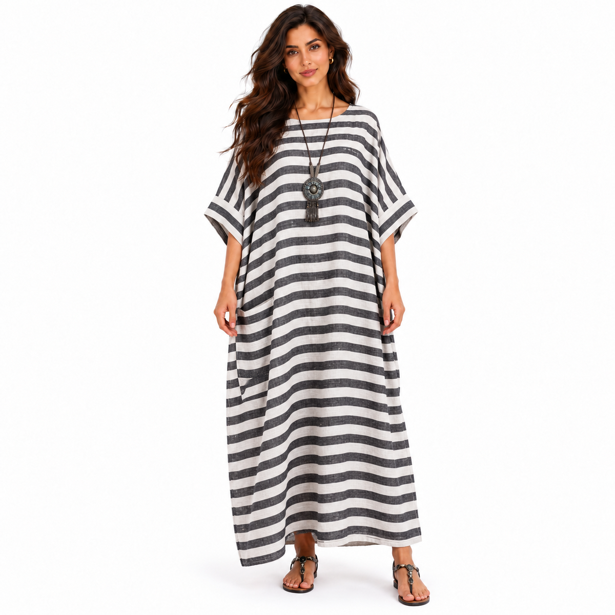 Elegant Black Striped Relaxed Linen Kaftan