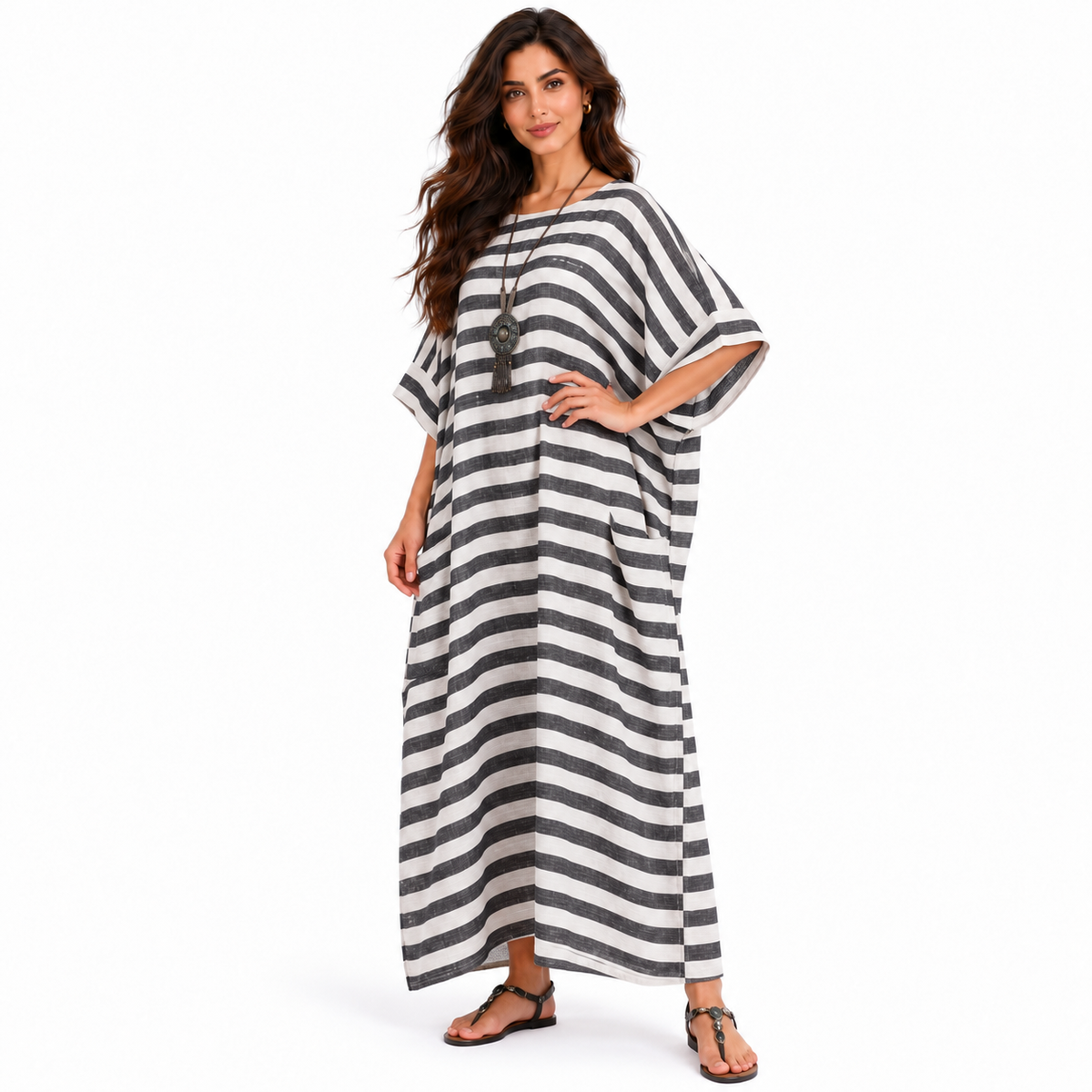 Elegant Black Striped Relaxed Linen Kaftan