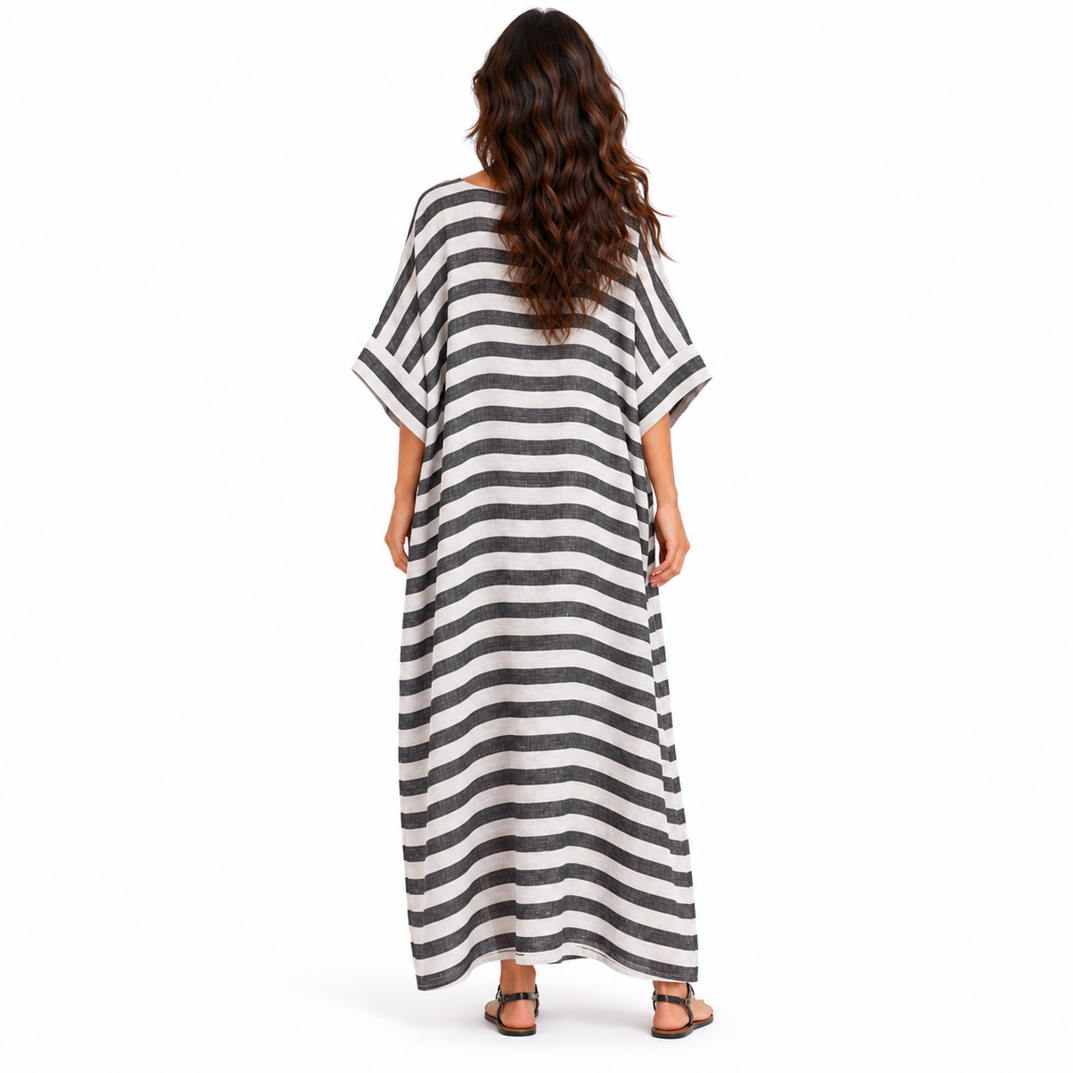 Elegant Black Striped Relaxed Linen Kaftan