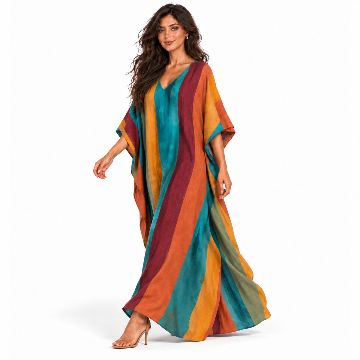 Elegant Multicolor Striped Linen Kaftan Dress
