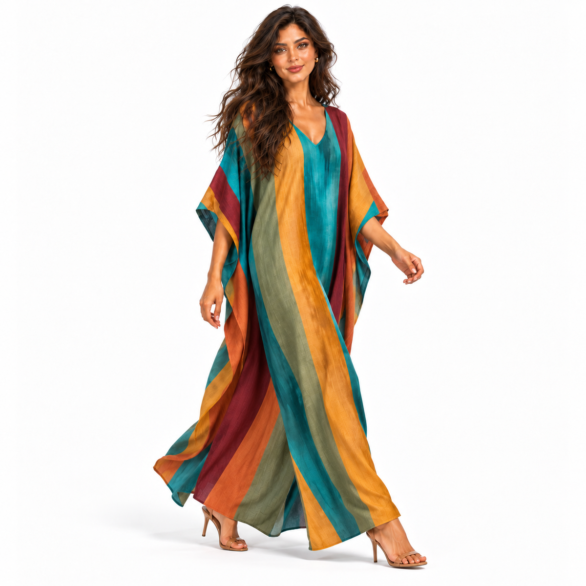 Elegant Multicolor Striped Linen Kaftan Dress