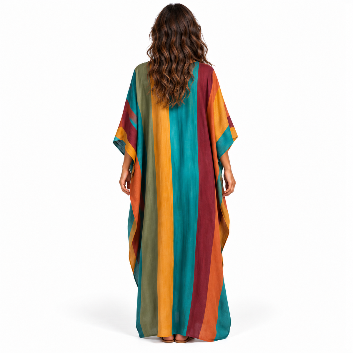 Elegant Multicolor Striped Linen Kaftan Dress