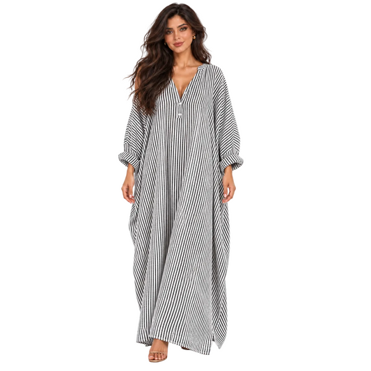 Elegant Black Striped Linen Kaftan Dress