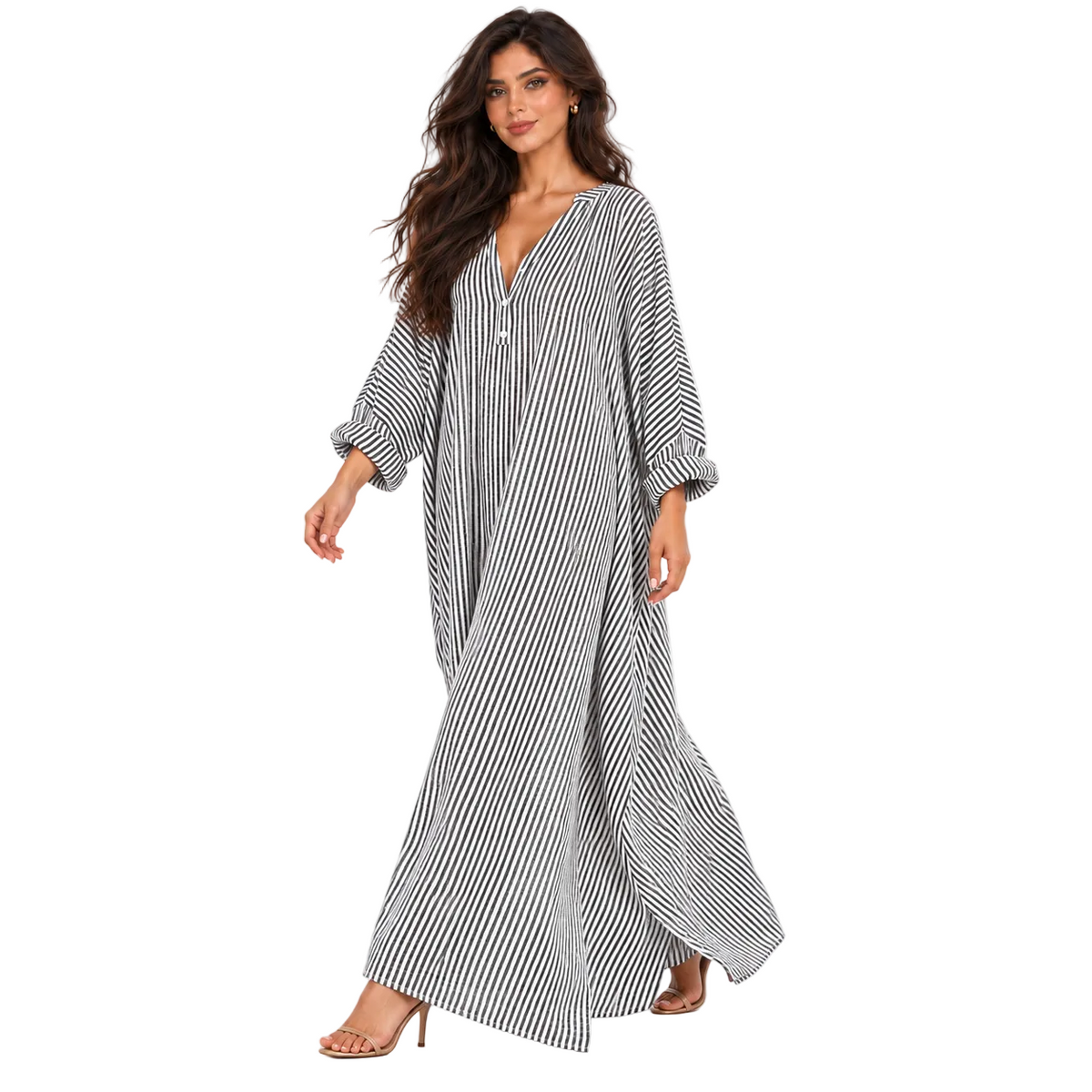 Elegant Black Striped Linen Kaftan Dress