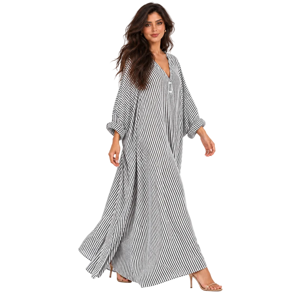 Elegant Black Striped Linen Kaftan Dress