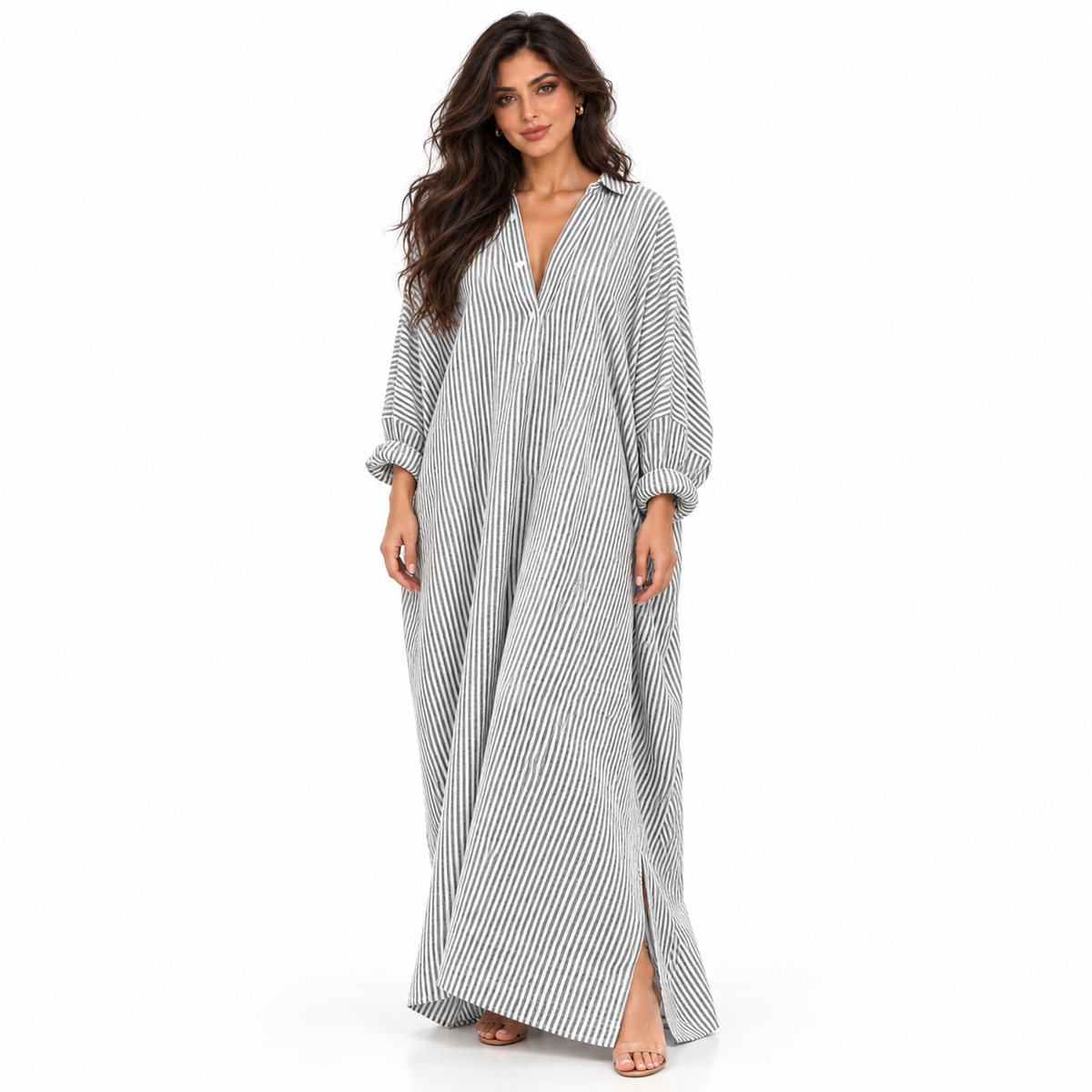 Elegant Grey Striped Linen Kaftan Dress