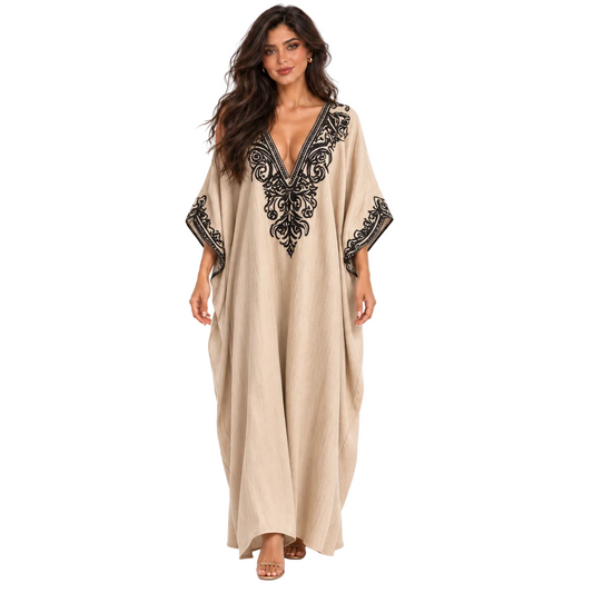 Elegant Khaki Embroidered Linen Kaftan Dress