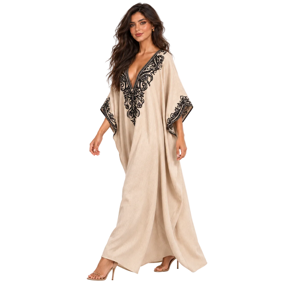 Elegant Khaki Embroidered Linen Kaftan Dress
