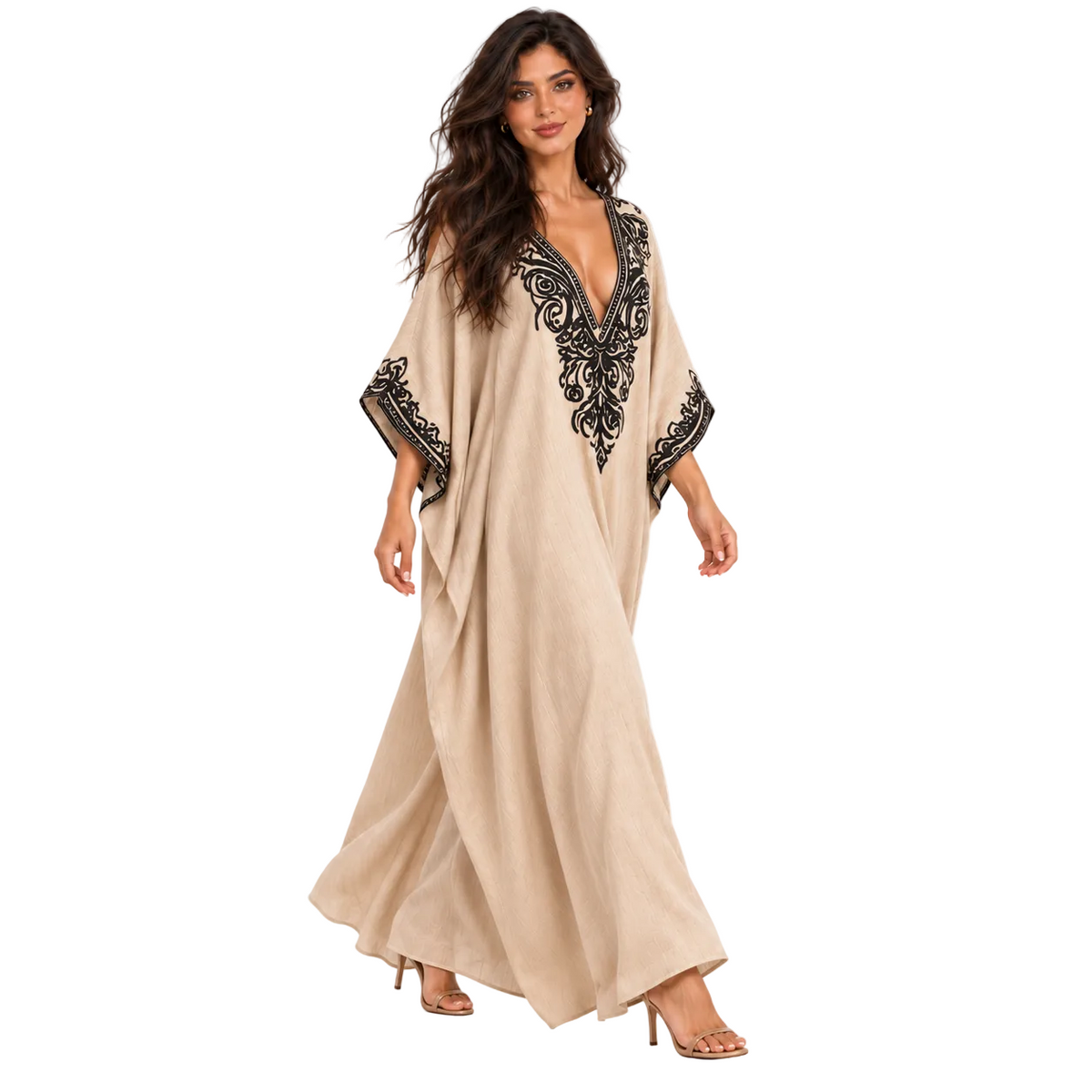 Elegant Khaki Embroidered Linen Kaftan Dress