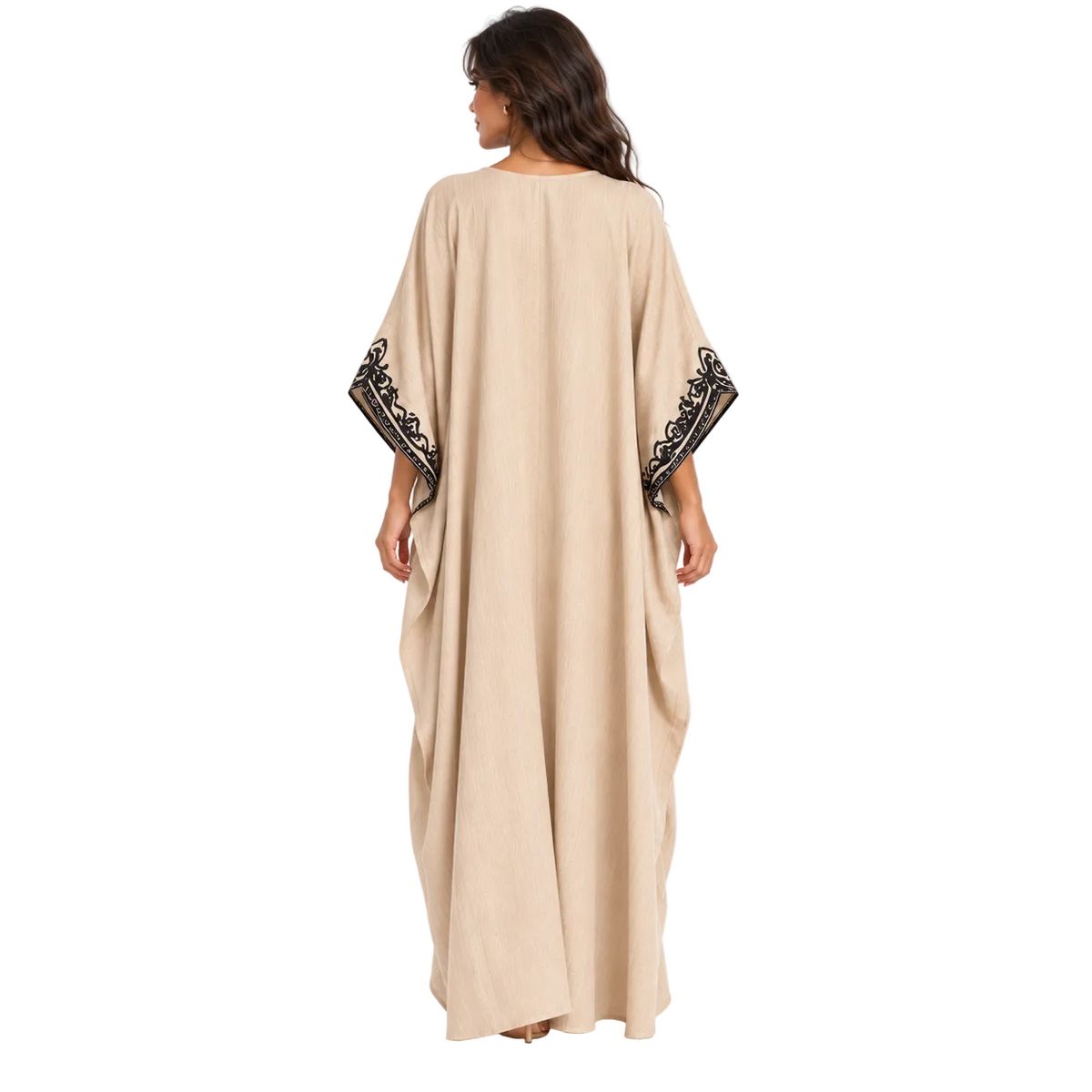 Elegant Khaki Embroidered Linen Kaftan Dress